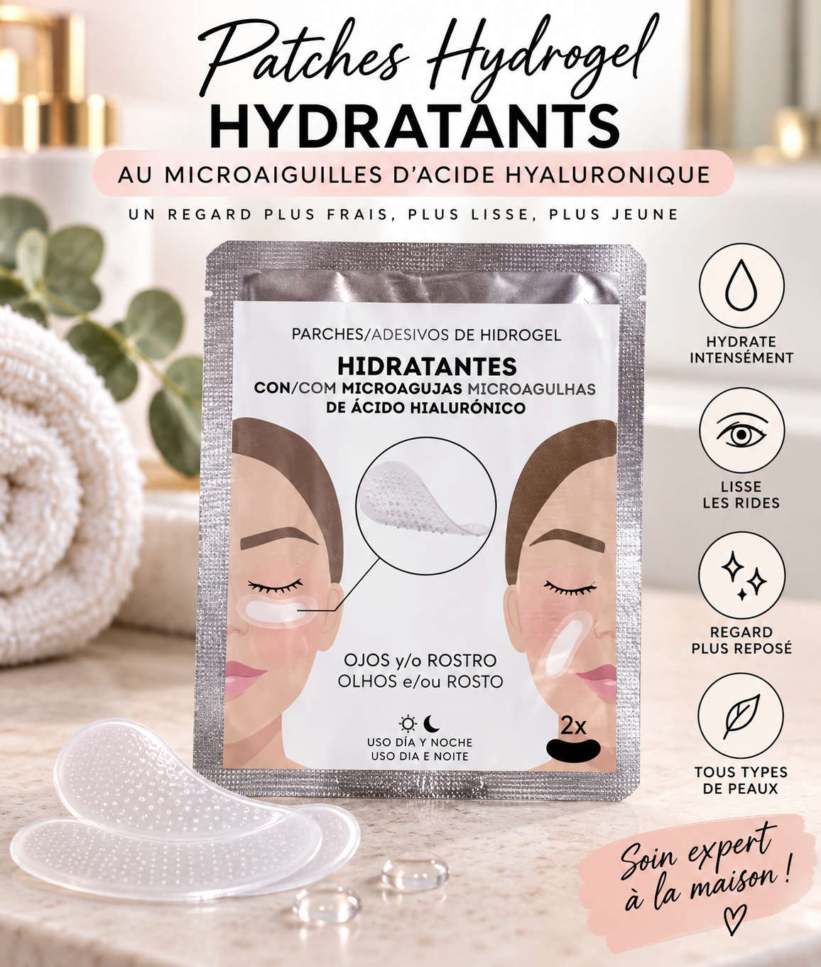 Patchs Hydrogel Hydratants aux Microaiguilles d’Acide Hyaluronique