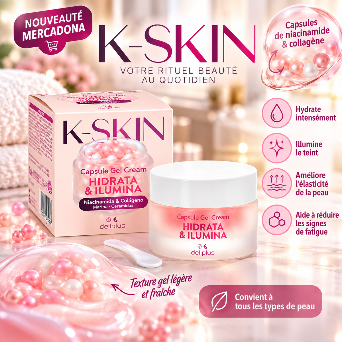 Crème Visage Gel K-SKIN Hydrata & Ilumina – Niacinamide & Collagène –